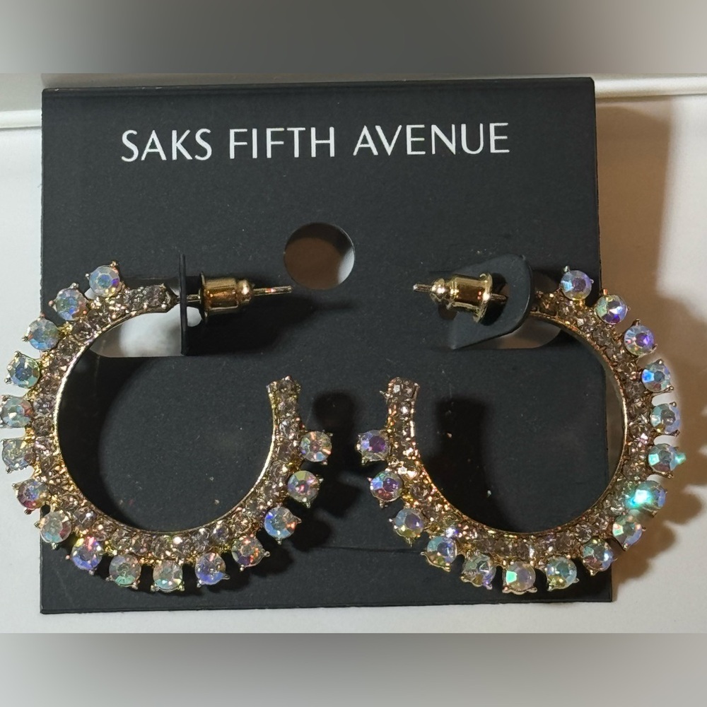 Saks Fifth Ave Gold Tone AB Crystal Open Hoop post Earrings